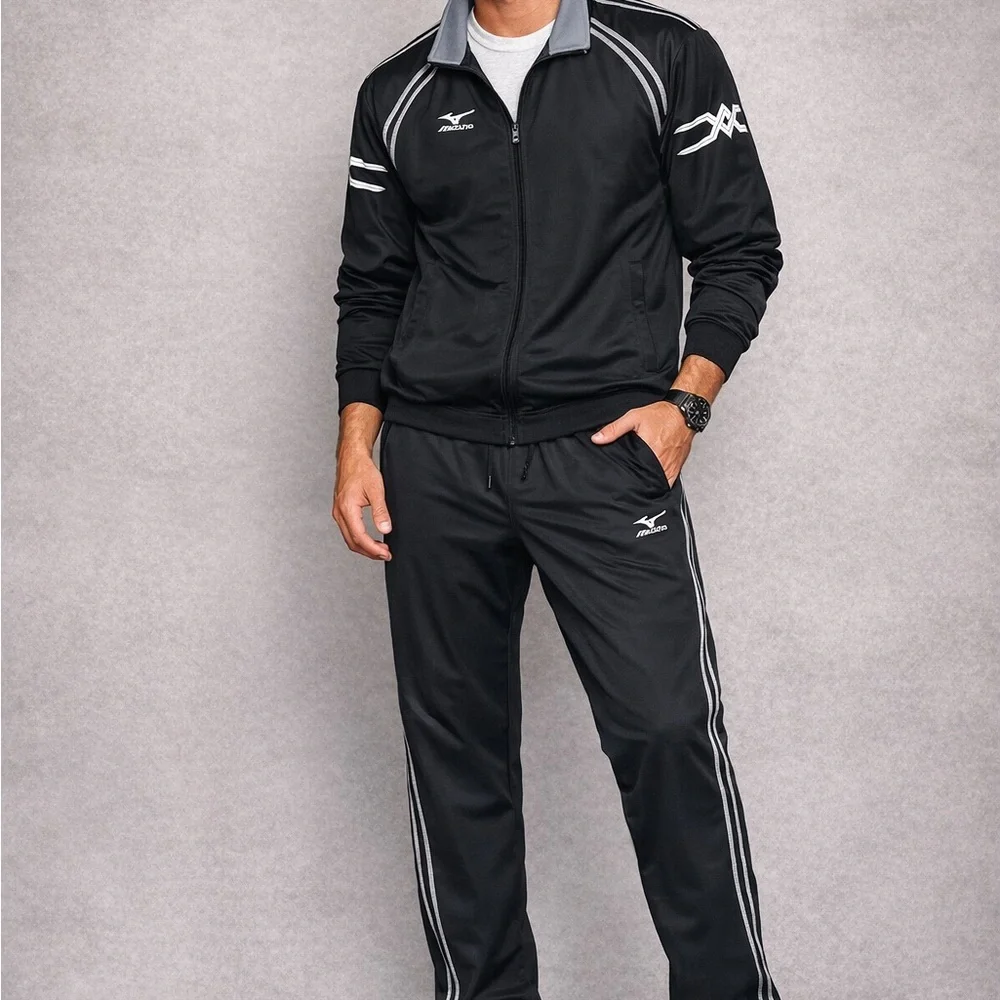 Mizuno Black Track Suit Set Men’s Large Athletic Jacket & Pants Warm Up Jogger! - Picture 2 of 7